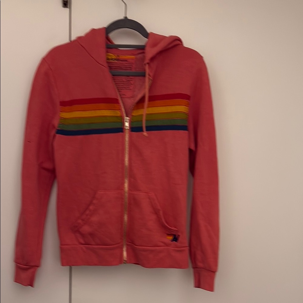 Pink Hoodie with Rainbow Stripes